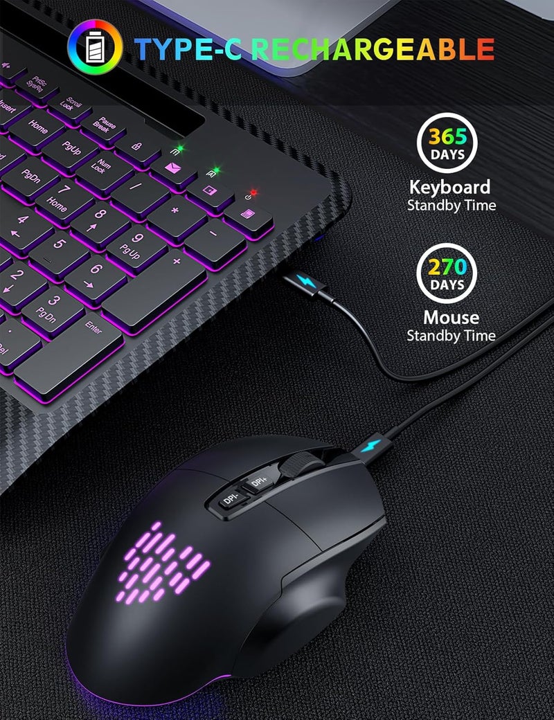 SABLUTE Wireless Keyboard and Mouse Backlits, Wrist Rest, LED Mouse, Rechargeable Ergonomic Keyboard with Phone Holder, Silent Light Up Combo for Computer, Mac, PC, Laptop, Chromebook (Black) - Image 4